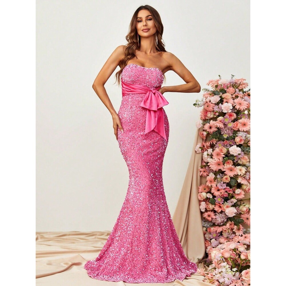 Bow Front Sequin Tube Mermaid Dresses Sequins Maxi Strapless Dress Size S #706